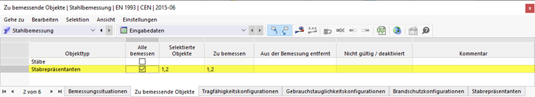 Eingabetabelle für zu bemessende Objekte in der Stahlbemessung | Repräsentanten