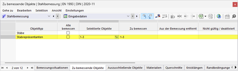 Eingabetabelle für zu bemessende Objekte in der Stahlbemessung | Repräsentanten