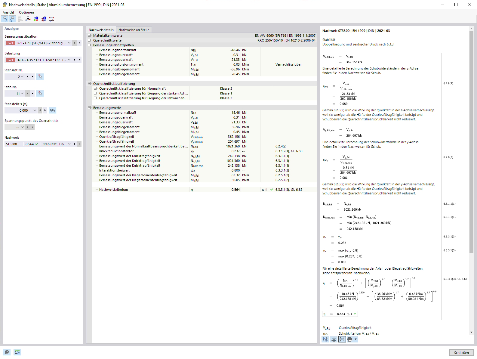Darstellung von Nachweisdetails für Stäbe in der Aluminiumbemessung und Gebrauchstauglichkeit.