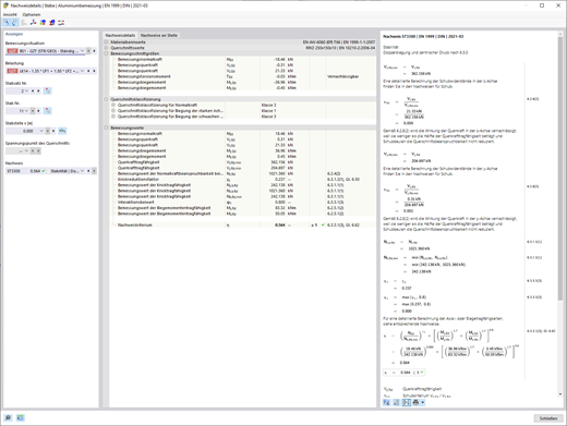 Darstellung von Nachweisdetails für Stäbe in der Aluminiumbemessung und Gebrauchstauglichkeit.