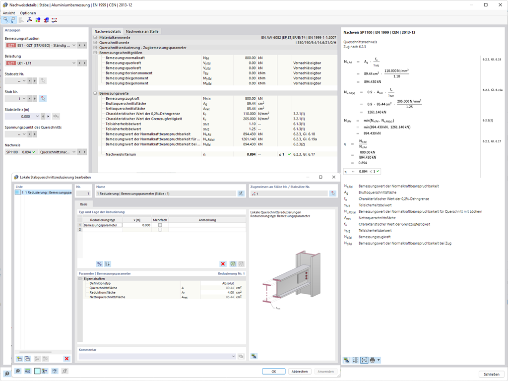 Analyse von Zugverbindungen in Metalltragwerken bei reduzierten Querschnittsflächen durch Schraubenlöcher.