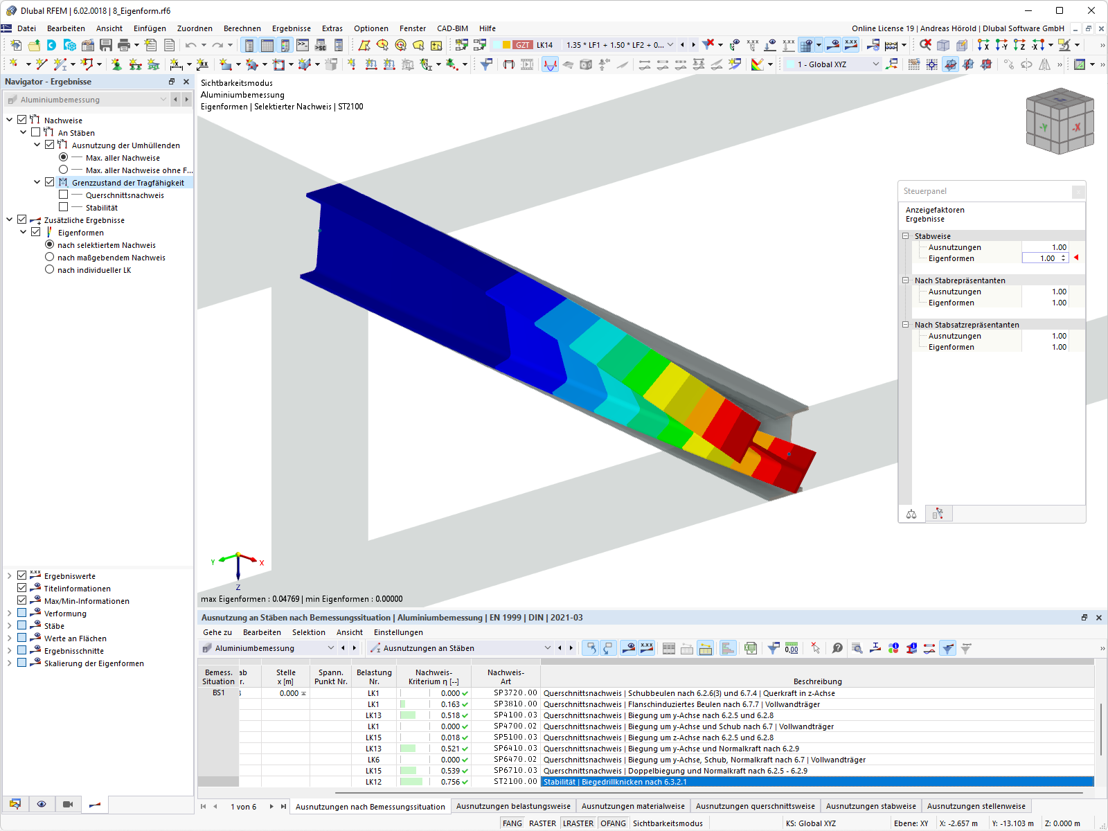 Eigenformgrafik zur Biegedrillknicknachweisbestimmung. Nutzung interner Eigenwertlöser für kritischen Lastfaktor.