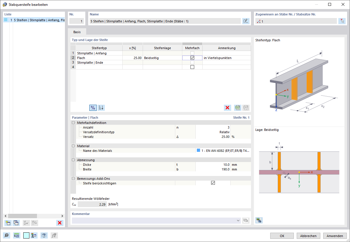 Mehrfachdefinition von Quersteifen in den Viertelspunkten