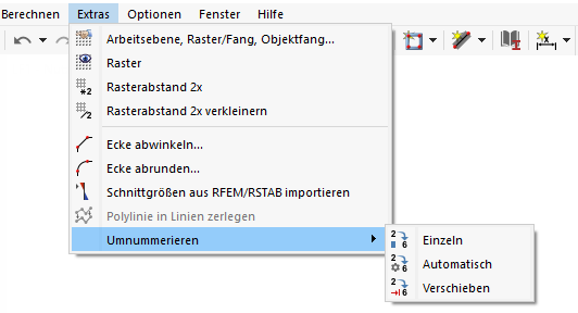 Menüfunktionen 'Umnummerieren'