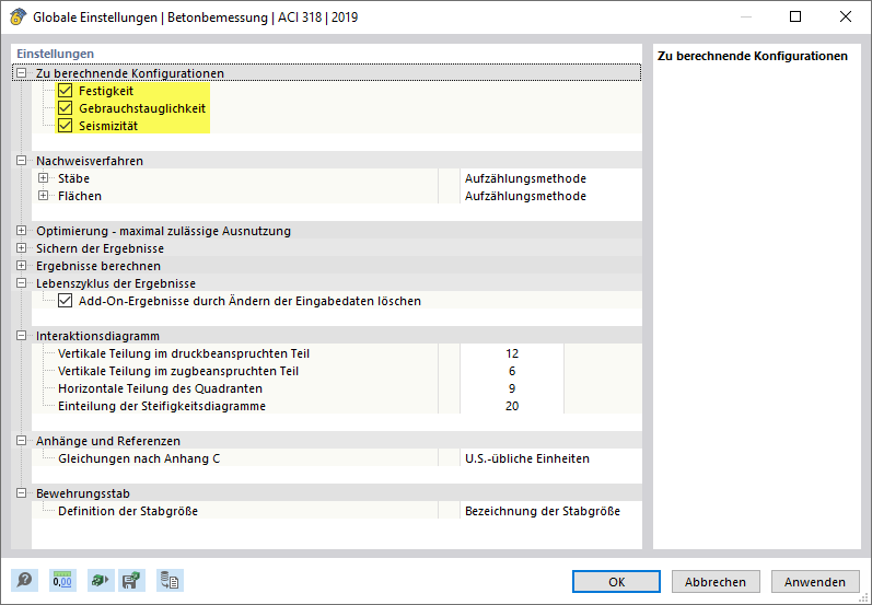 Konfigurationen für Betonbemessung nach ACI 318