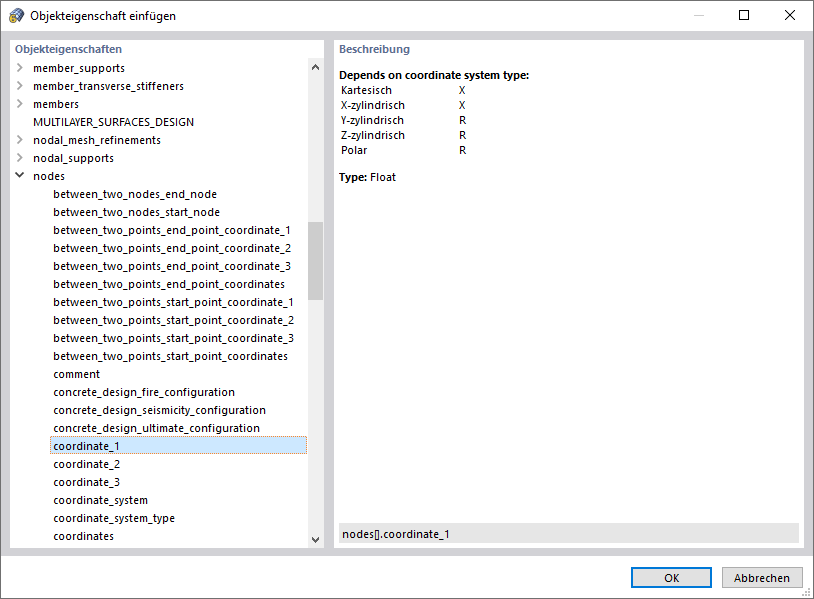 Dialog 'Objekteigenschaft einfügen'