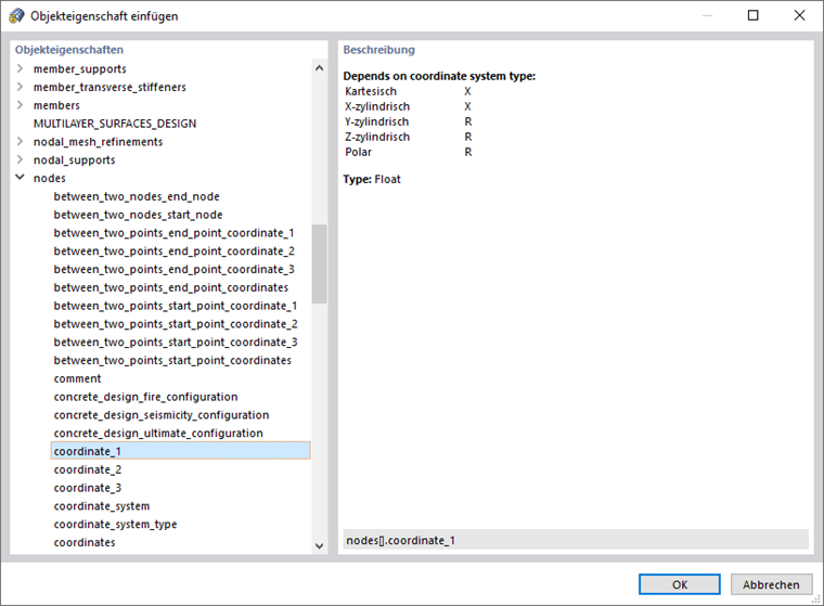 Dialog 'Objekteigenschaft einfügen'
