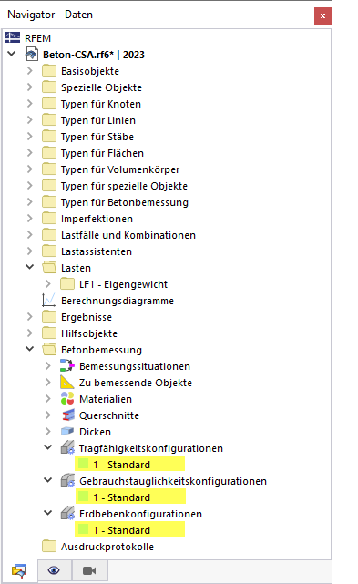 Standardkonfigurationen für Betonbemessung nach CSA A23.3