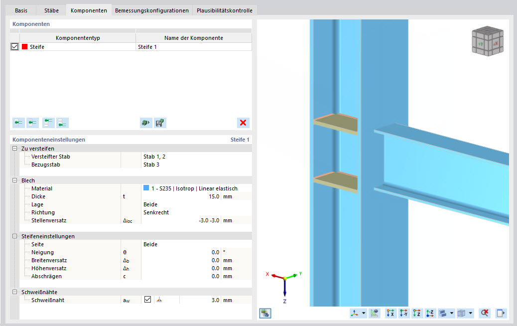 Dialogfenster Komponenteneinstellungen