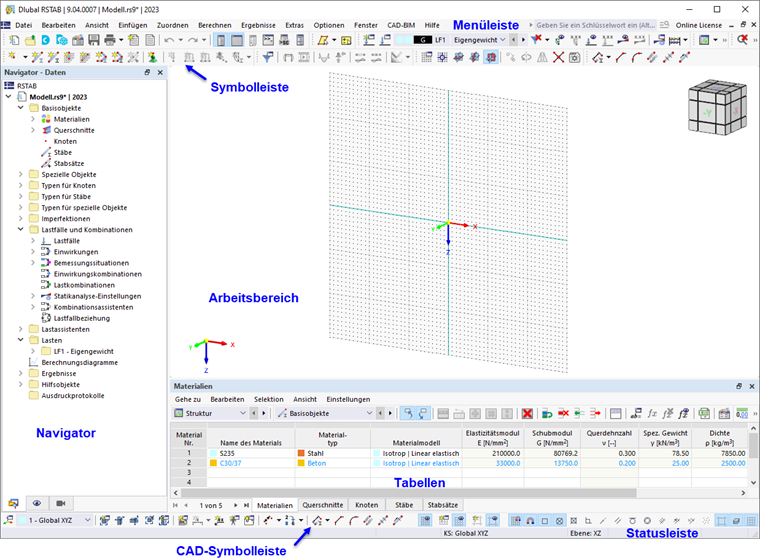 Benutzeroberfläche von RSTAB