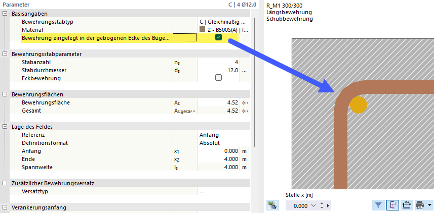 Bewehrung eingelegt in der gebogenen Ecke des Bügels