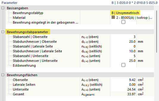 Bewehrungsstabparameter für unsymmetrische Bewehrung