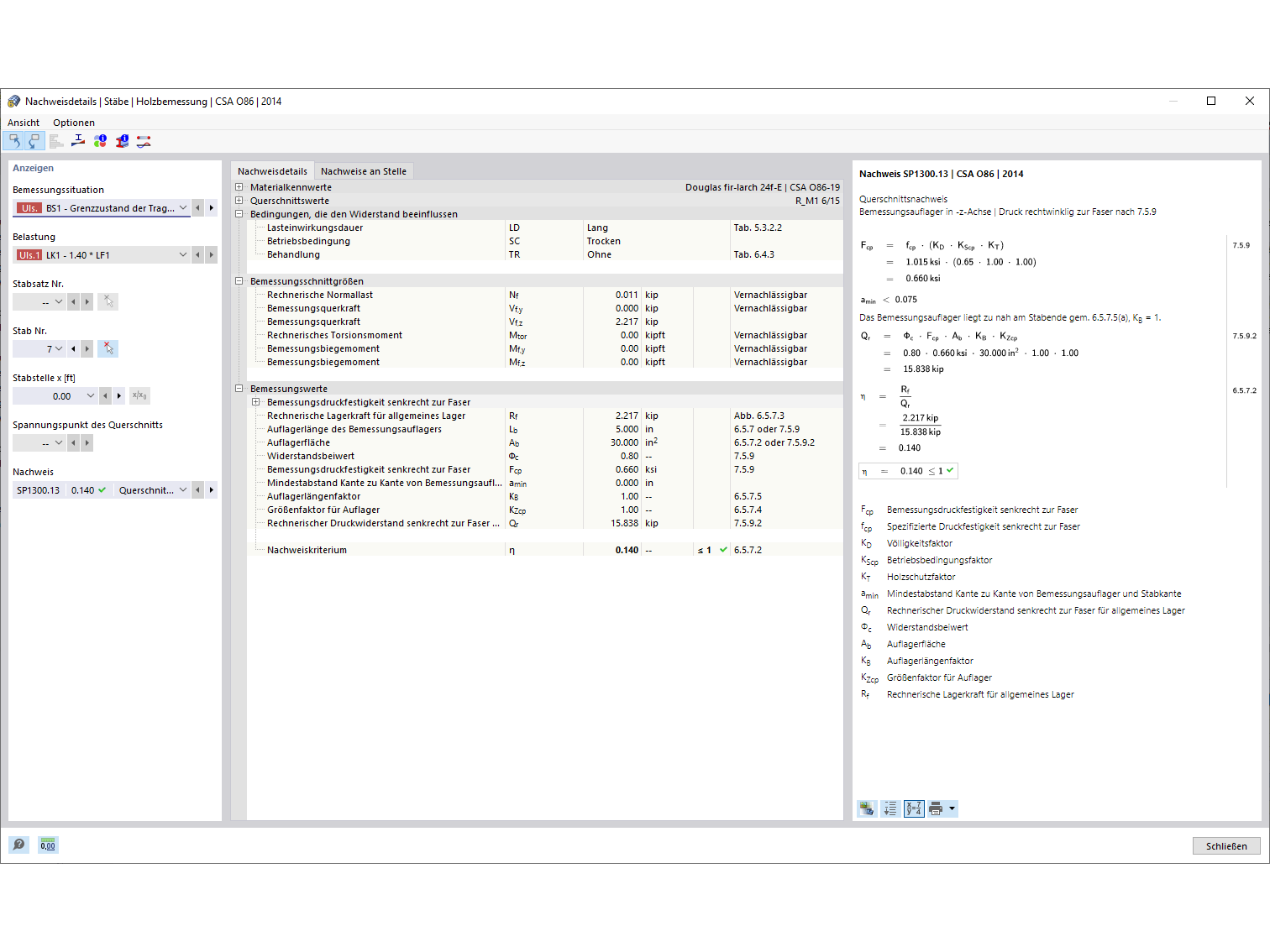 Nachweisdetails der Holzbemessung für Druck senkrecht zur Faserrichtung | CSA O86