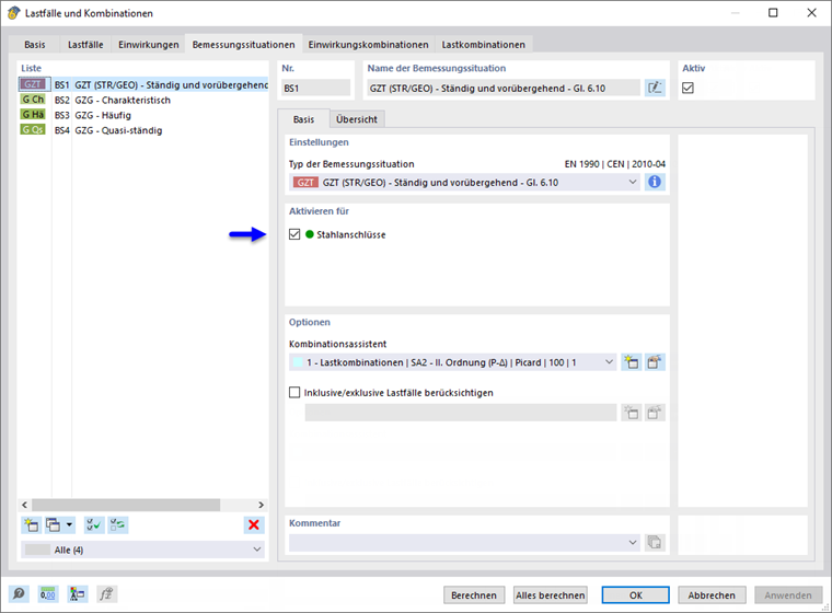 Bemessungssituation für Stahlanschlussbemessung aktivieren