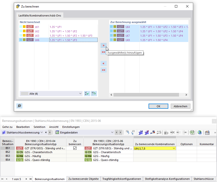 Lastkombinationen für Bemessung auswählen