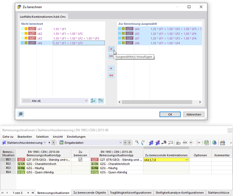 Lastkombinationen für Bemessung auswählen