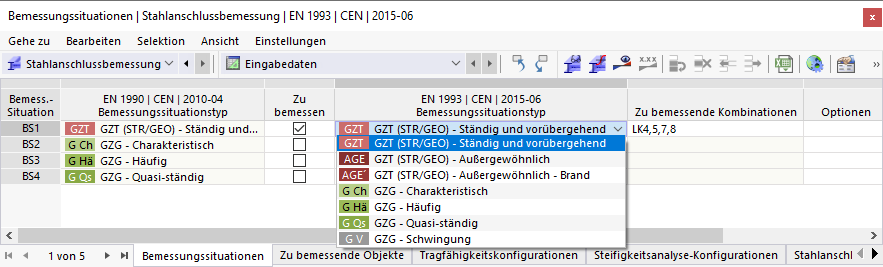 Zuordnung des Bemessungssituationstyps für Stahlanschlussbemessung nach EN 1993