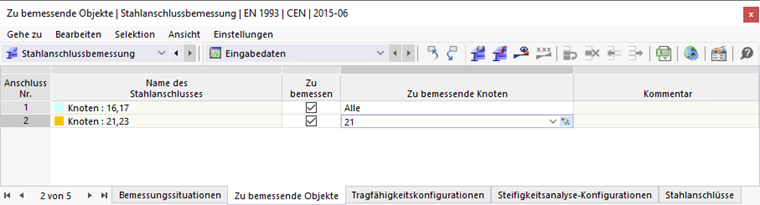 Tabelle 'Zu bemessende Objekte' für Stahlanschlussbemessung