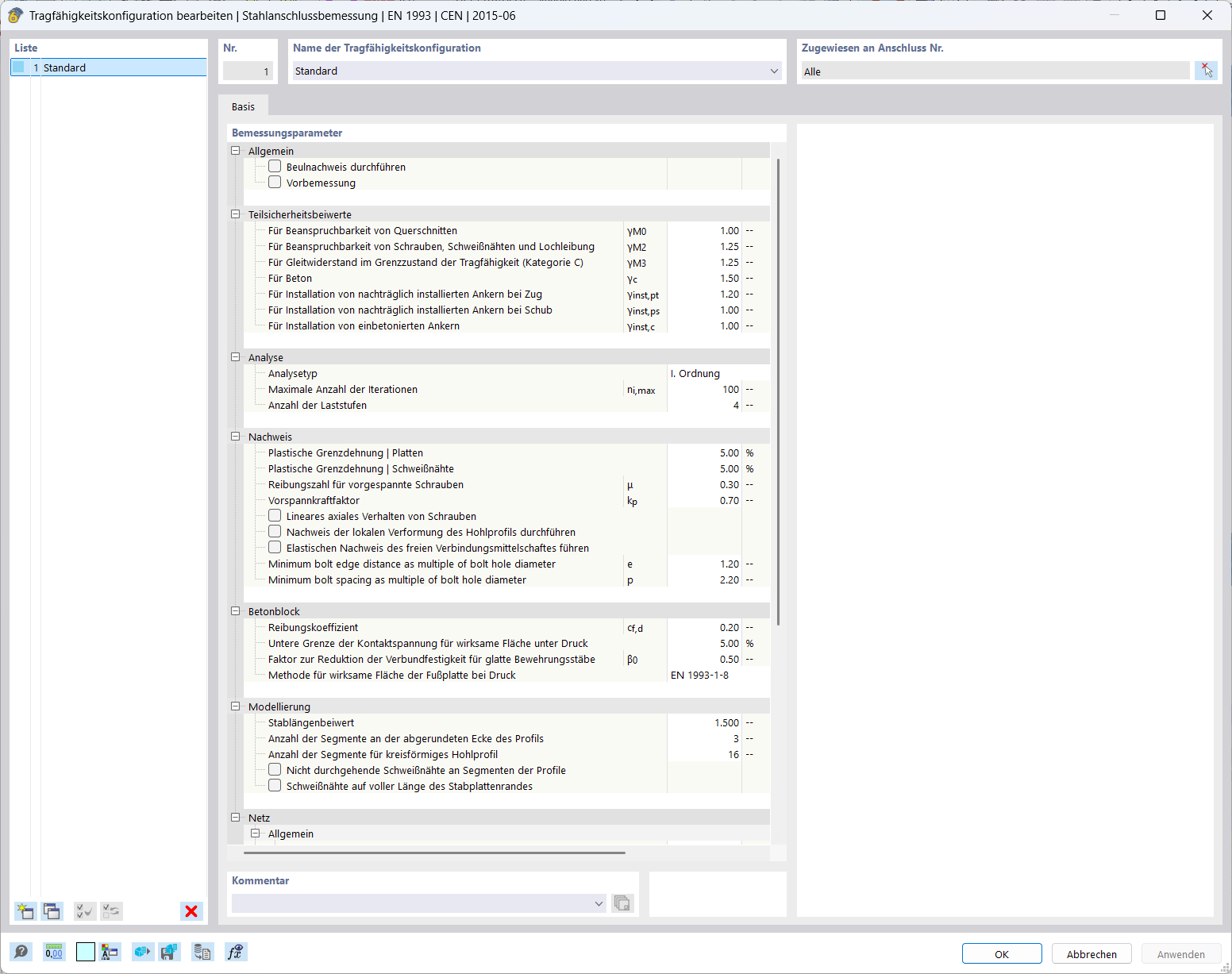 Bemessungsparameter einer Tragfähigkeitskonfiguration