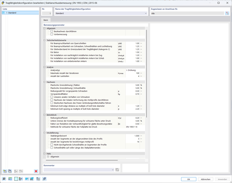 Bemessungsparameter einer Tragfähigkeitskonfiguration