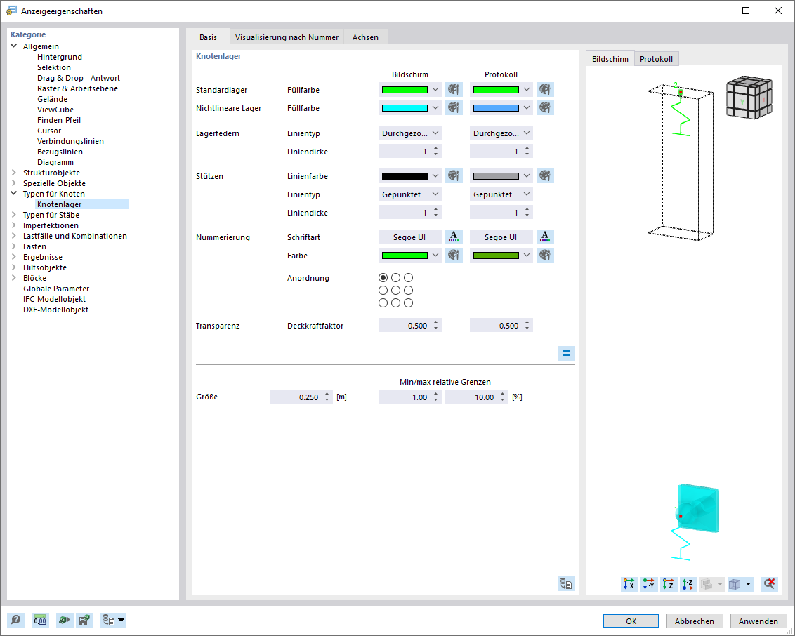 Anzeigeeigenschaften für Knotenlager