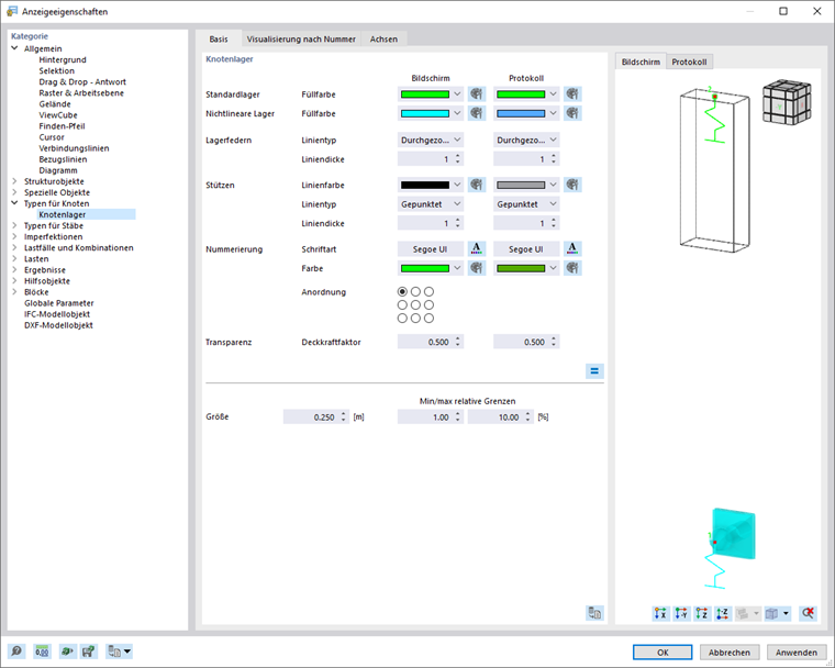 Anzeigeeigenschaften für Knotenlager