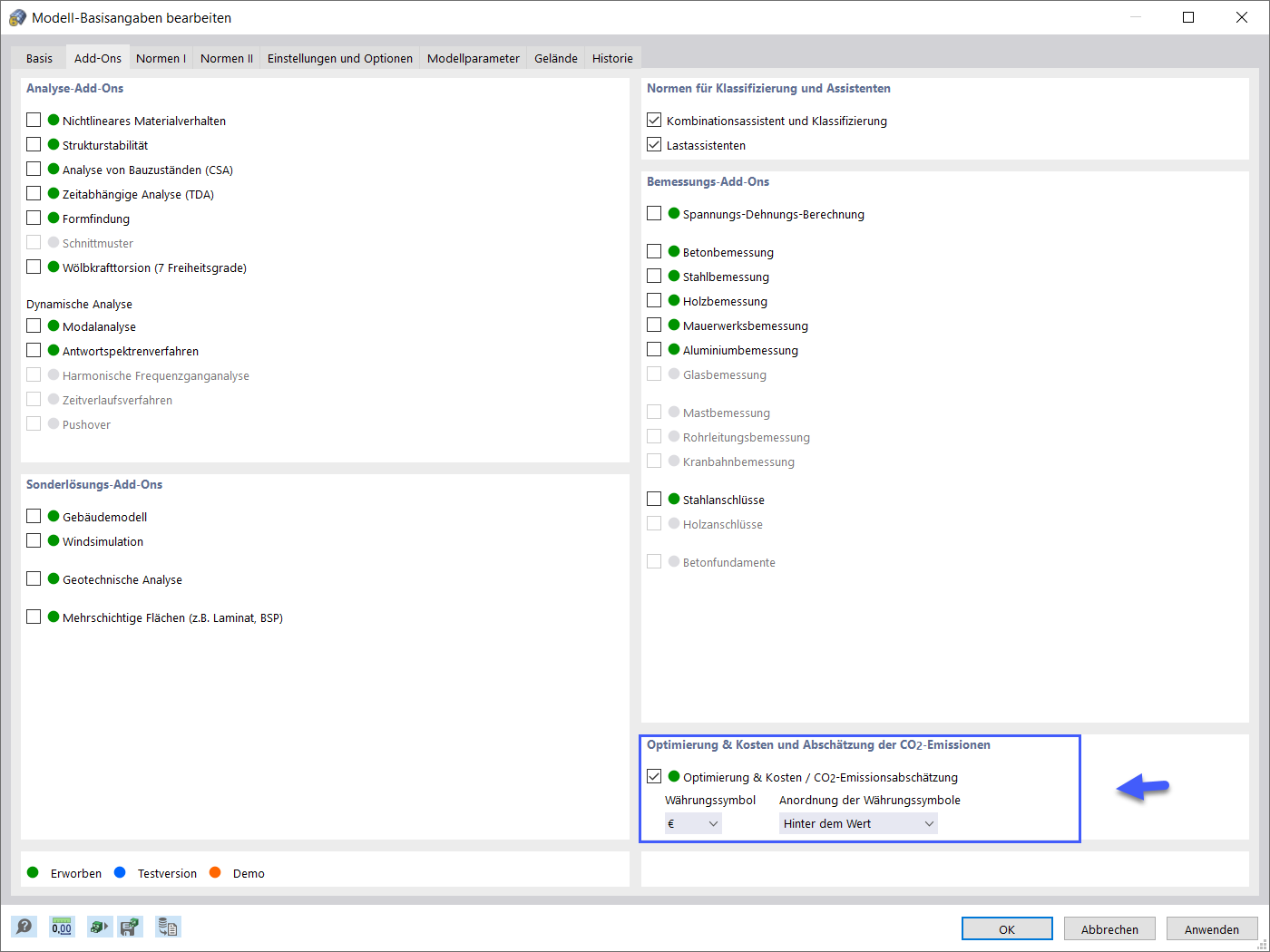 Add-On Optimierung und Kosten/CO₂-Emissionsabschätzung aktivieren