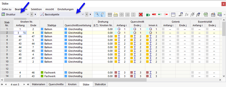 Tabellen für Kategorie 'Struktur' und Unterkategorie 'Basisobjekte'