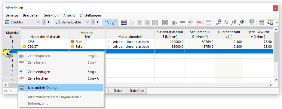 Kontextmenü in Tabelle