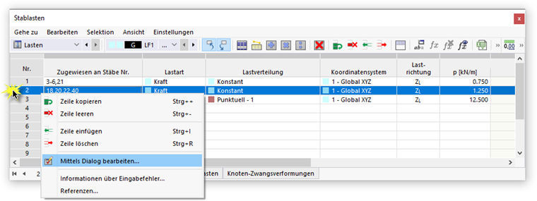 Kontextmenü in Tabelle