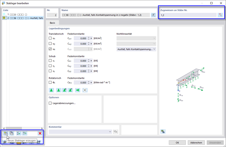 Bearbeitungsdialog 'Stablager bearbeiten' mit Optionen zum Zuweisen und Erzeugen neuer Typen
