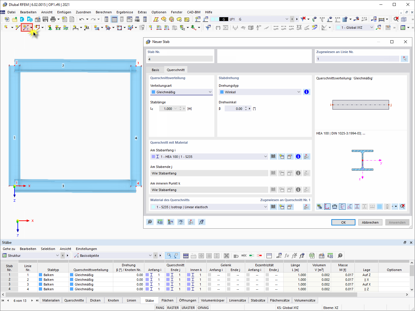 Stäbe 1, 2, 3 und 4 definieren