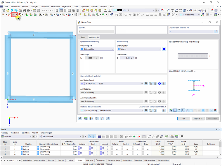Stäbe 1, 2, 3 und 4 definieren