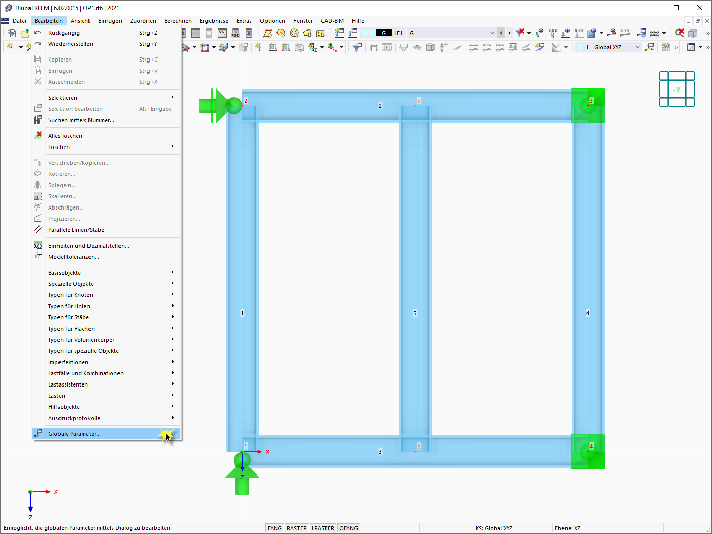 Globale Parameter im Bearbeiten-Menü