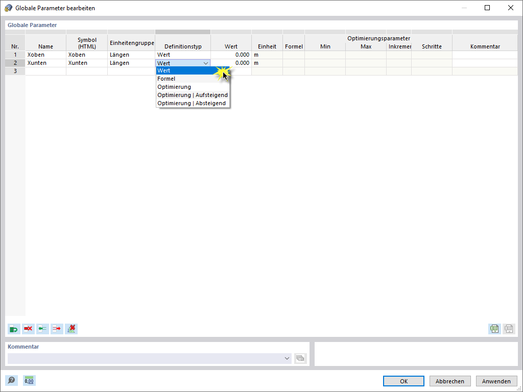 Globale Parameter bearbeiten