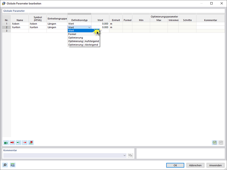 Globale Parameter bearbeiten