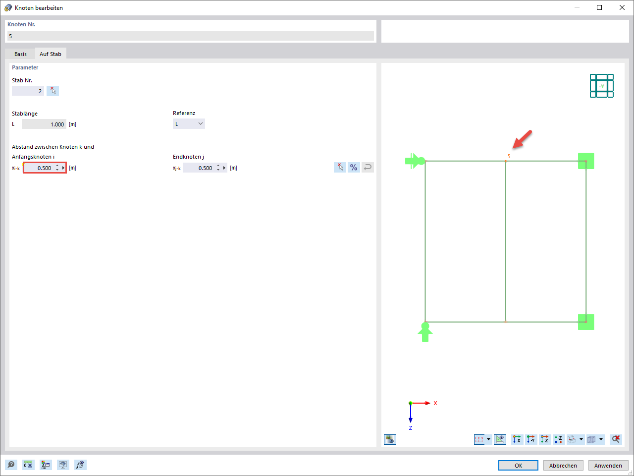 Abstand zwischen Knoten Nr. 5 und Anfangsknoten von Stab Nr. 2