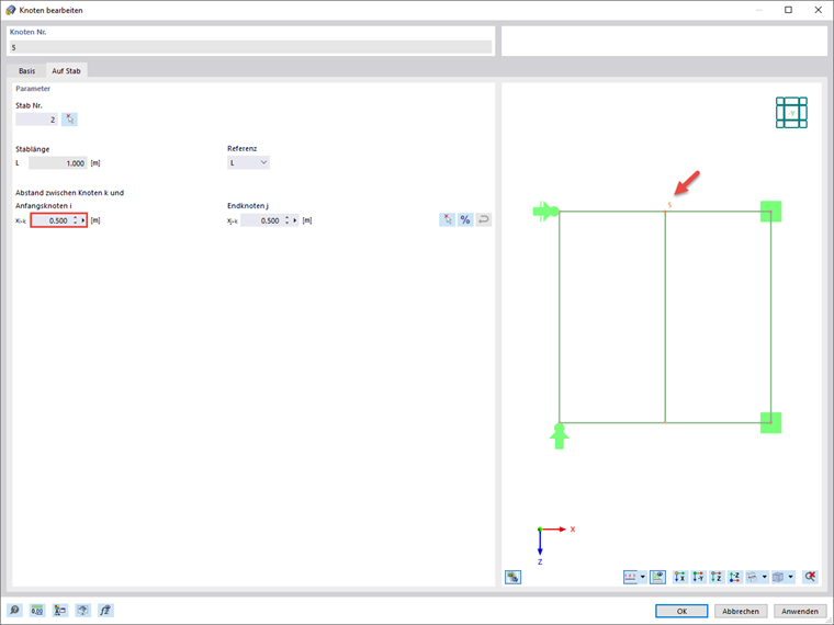 Abstand zwischen Knoten Nr. 5 und Anfangsknoten von Stab Nr. 2