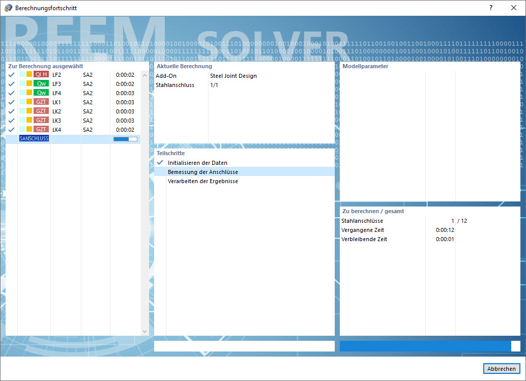Berechnungsfortschritt der Stahlanschlussbemessung