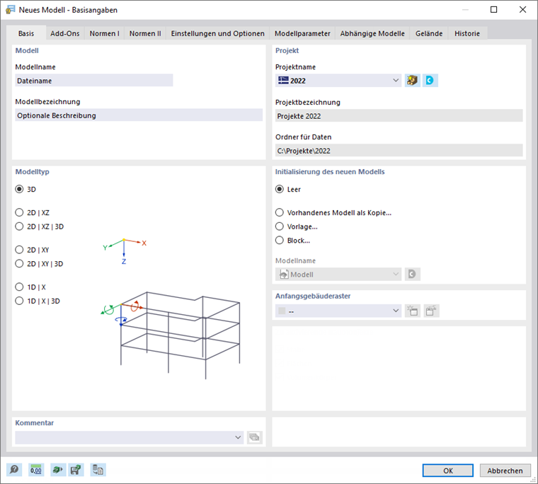 Dialog 'Neues Modell - Basisangaben', Register 'Basis'
