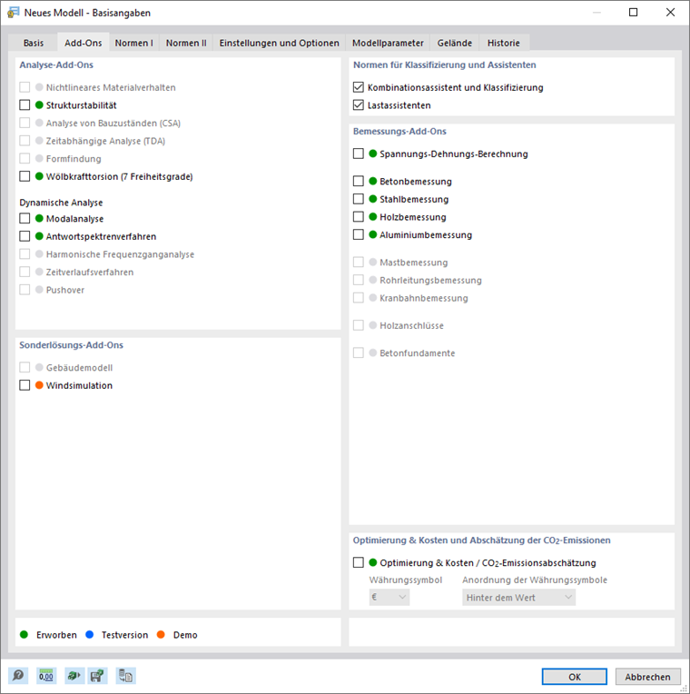 Dialog 'Neues Modell - Basisangaben', Register 'Add-Ons'