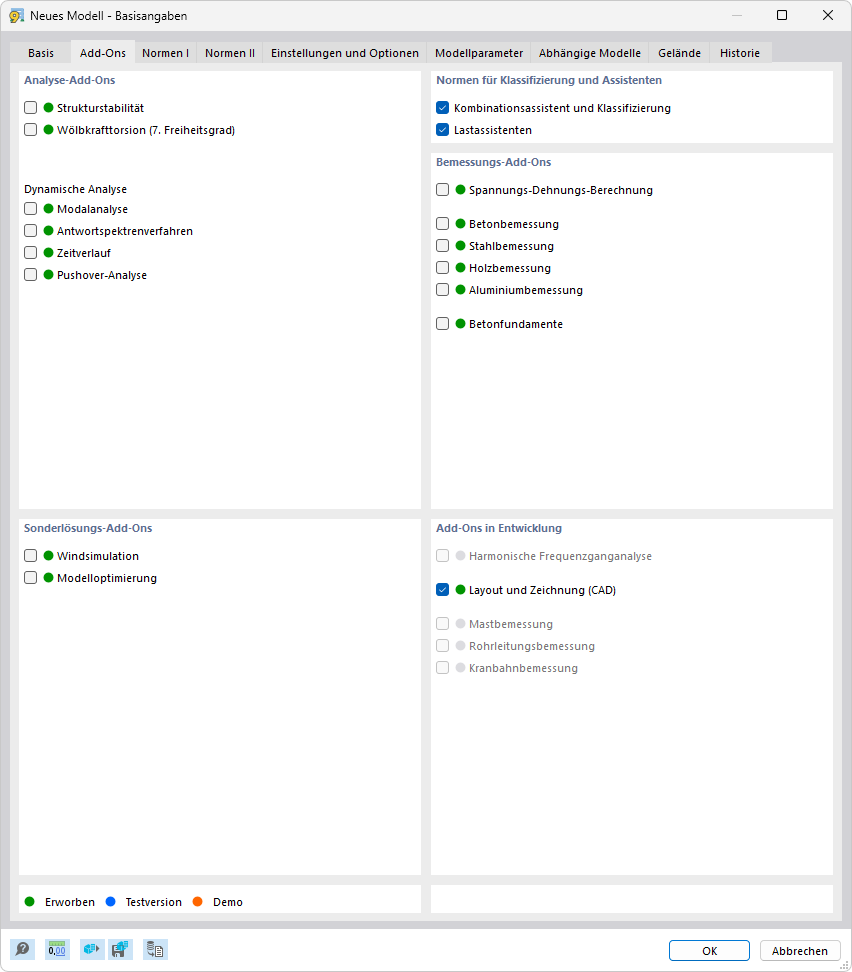 Dialog 'Neues Modell - Basisangaben', Register 'Add-Ons'