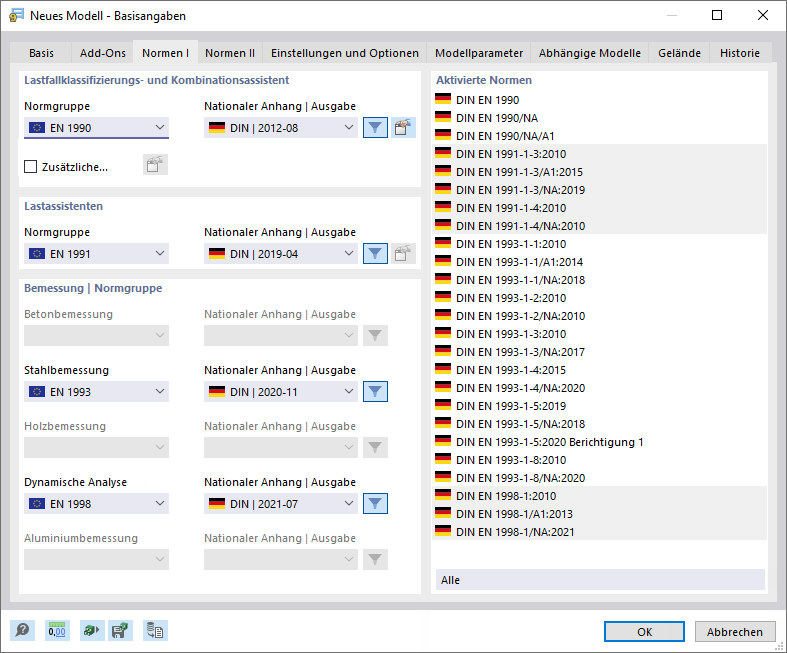 Dialog 'Neues Modell - Basisangaben', Register 'Normen I'