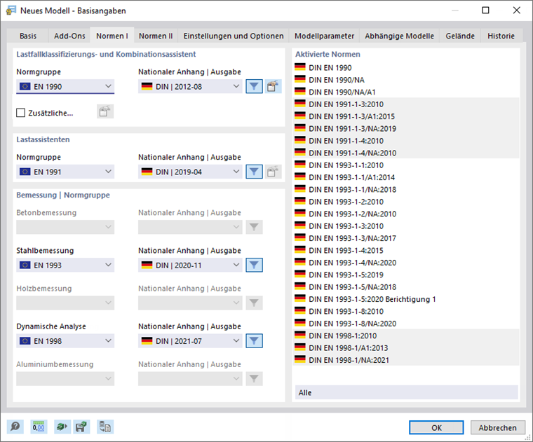 Dialog 'Neues Modell - Basisangaben', Register 'Normen I'