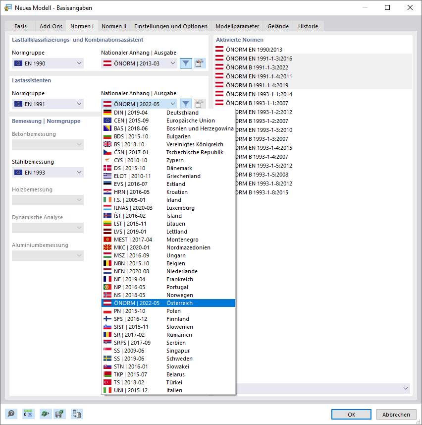 Nationalen Anhang für Eurocode auswählen