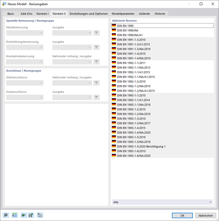 Dialog 'Neues Modell - Basisangaben', Register 'Normen II'