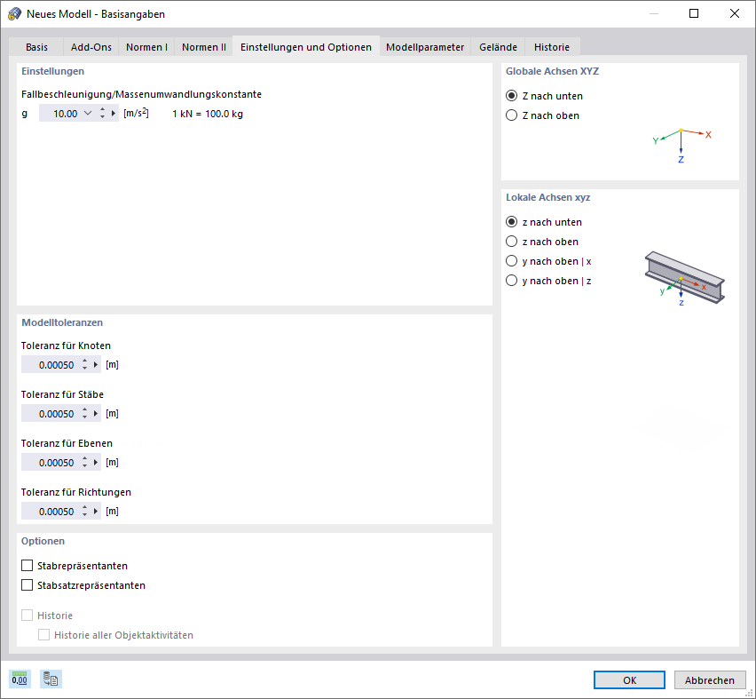 Dialog 'Neues Modell - Basisangaben', Register 'Einstellungen und Optionen'