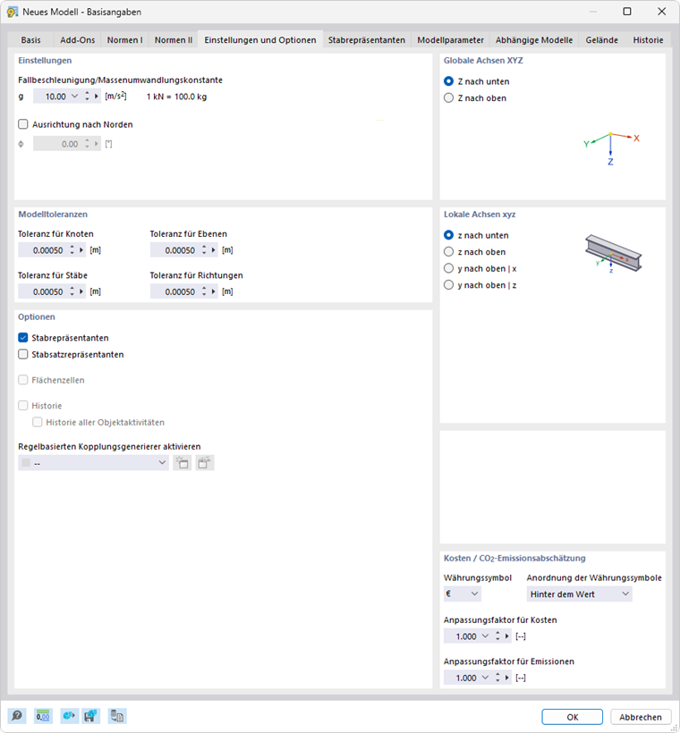 Dialog 'Neues Modell - Basisangaben', Register 'Einstellungen und Optionen'