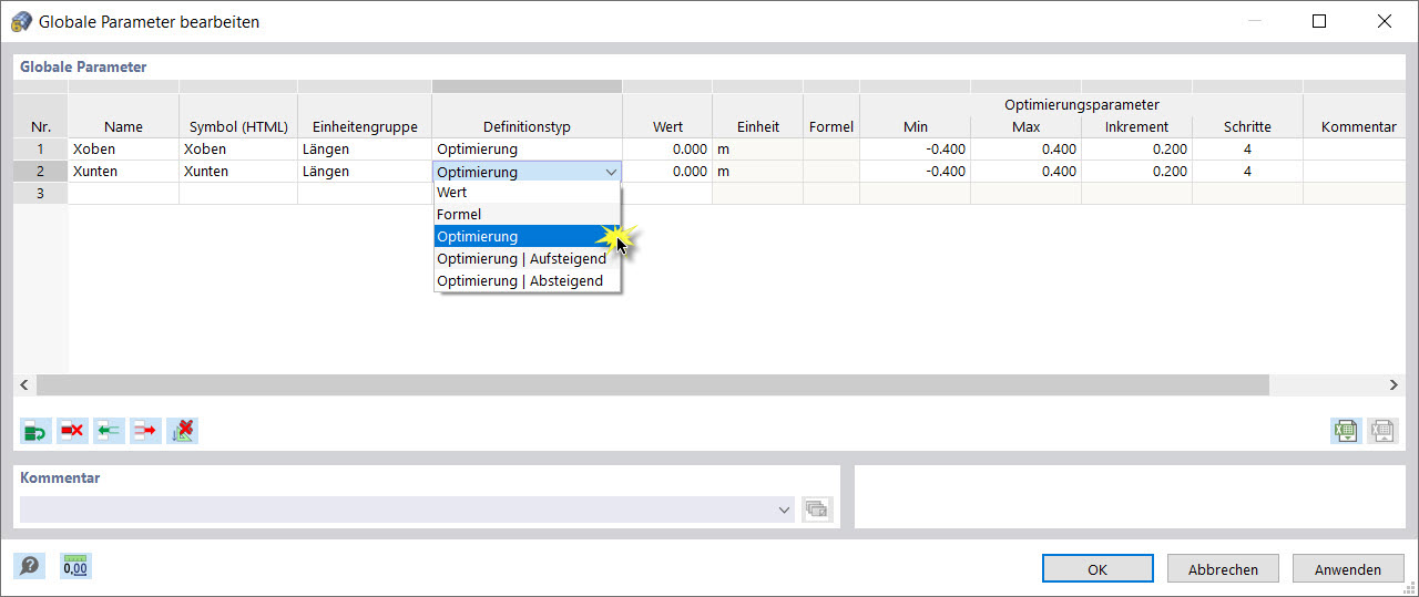 Globale Parameter vom Definitionstyp 'Optimierung'