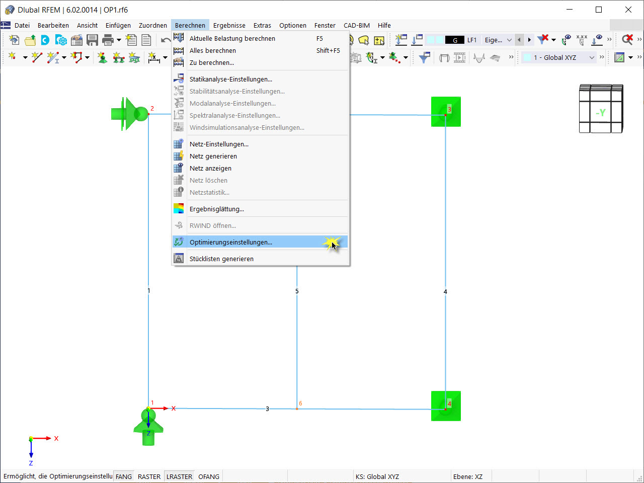 Optimierungseinstellungen im Menü 'Berechnen'